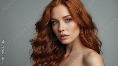 Beautiful portrait of sensual woman with long wavy red hair for make up cosmetics ad concept, plain background from Generative AI