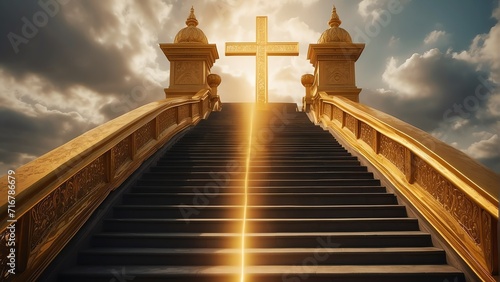 Glorious golden stairway to heaven, gates of heaven, symbol of Christianity concept from Generative AI