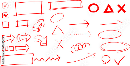 赤色 矢印 まる 枠 レ点 バツ マジックで書いた手描き セット