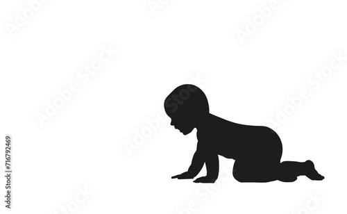 Black silhouette, crawling child. White isolated background