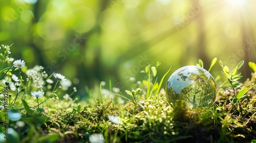 Earth Day celebration or planet ecology concept with blurred bokeh light background, copy space. A globe is surrounded by greenery and sunlight.
