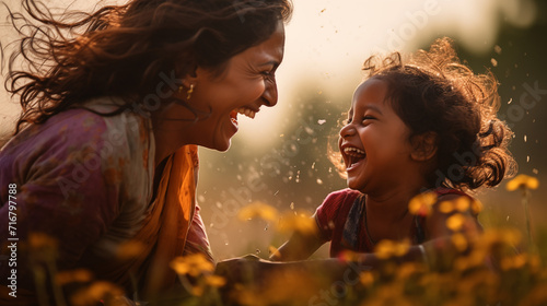 An enchanting image depicting the happiness of an Indian mother having fun with her daughter outdoors. The photograph centers on the mother's face, highlighting joyful moments.