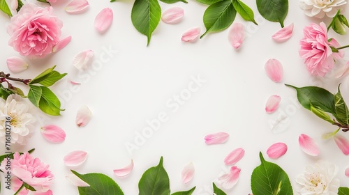 A background frame adorned with spring flowers, blossoming sakura petals, and leaves, featuring a central copy space, a template for greeting cards