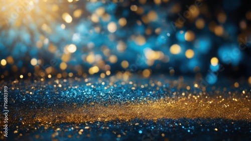 A close-up view of a blue and gold background with stars. Suitable for celestial, festive, or glamorous design projects such as invitations, holiday-themed graphics.glitter lights. generative, ai.