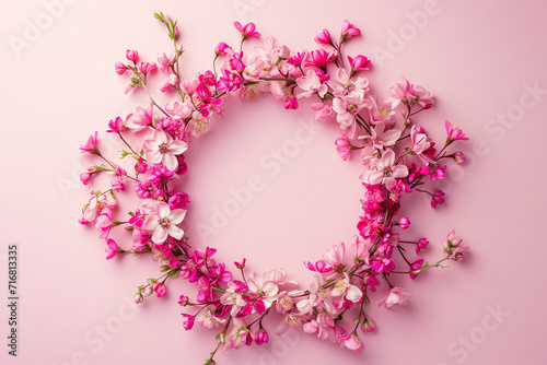 Pink wreath of apple, cherry, almond on a pink background. Banner template in the style of spring, love, freshness and new life. Concept gift banner, web, card with place for text, copy space