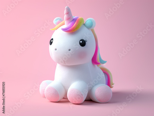 Cute kawaii squishy unicorn plush toy with realistic texture and visible stitch line. Soft and smooth background lighting. 