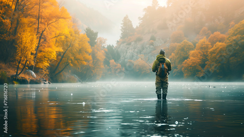 Serene angler fly-fishing in misty autumnal river. 