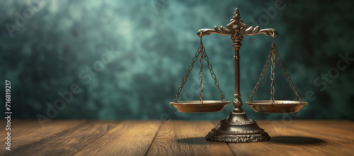 A scale with justice of law and balance of law on wooden background