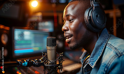 A radio announcer in a studio, wearing headphones and speaking into a high-quality microphone