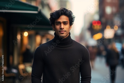 Portrait of a content indian man in his 20s wearing a classic turtleneck sweater against a bustling city street background. AI Generation
