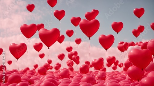 Hearth shaped red hydrogen balloons on sky, valentines day love spreading