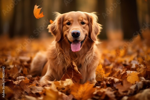 Golden Retriever dog lying in the autumn park with falling leaves