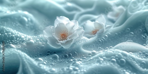 white jasmine flowers in a sea of light blue soft waves of water, bubbles of fresh soap spa, awakening the sensation of perfume and soft elegance essence and glamour pinch