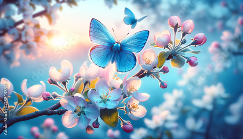 Beautiful blue butterfly in flight over branch of flowering apple tree in spring at Sunrise on light blue and pink background macro. Amazing elegant artistic image nature in spring
