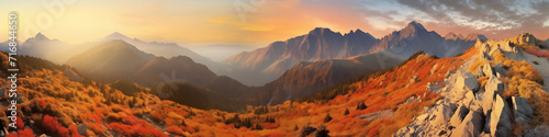 sunrise in the mountains, breathtaking picture, panoramic landscape clouds
