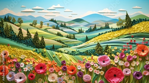Beautiful spring landscape in paper cut and quilling art technique.