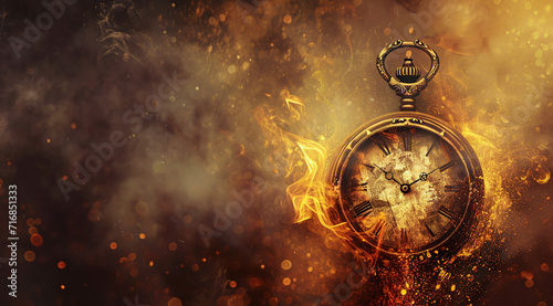 A close-up photo of a gold pocket watch engulfed in flames. Copy space. Deadline and urgency concept.
