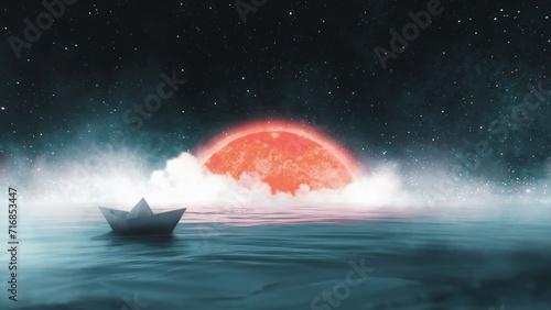A 3d rendered picture of a paper boat floating on a sea water during the end of world, the sun is sinking and drowning in the water after sunset and turning off. origami ship on ocean at space night.