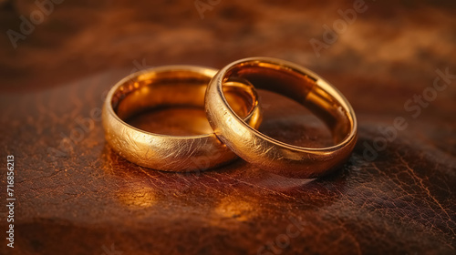 deux alliances, posées sur un morceaux de cuir pour symboliser les noces de cuir pour 2 ans de mariage.