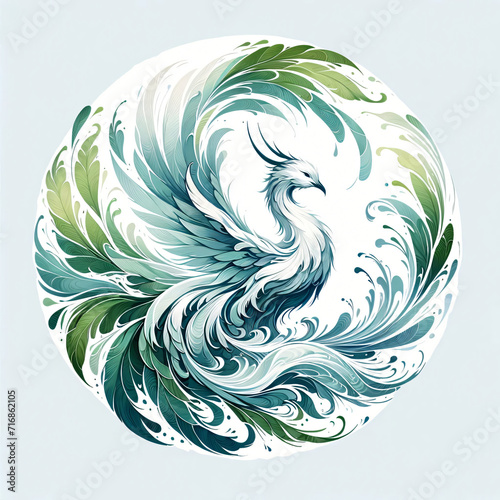 Logo tattoo bird phoenix leaves and water concept Chinese art style 