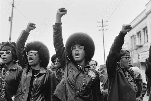 African American Members from 1960s Black Panther Party Movement on the Streets. 