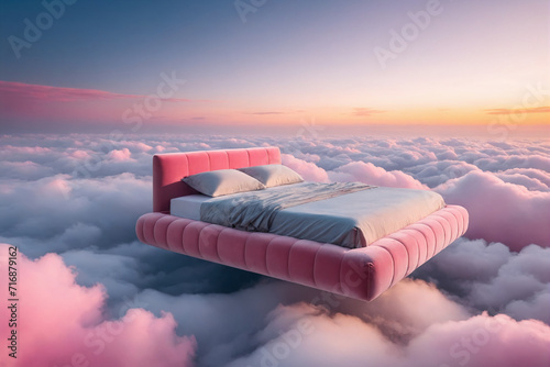 A pink bed floating on the clouds
