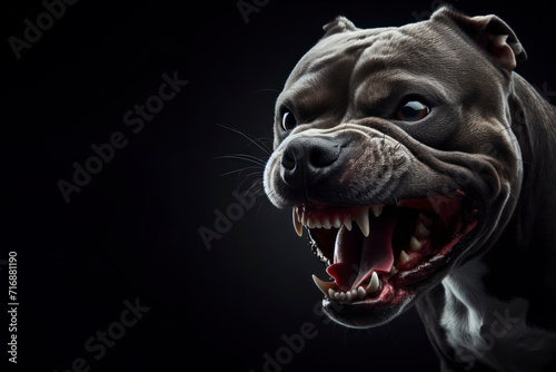an angry aggressive pit bull terrier type dog snarling isolated on solid black background. ai generative