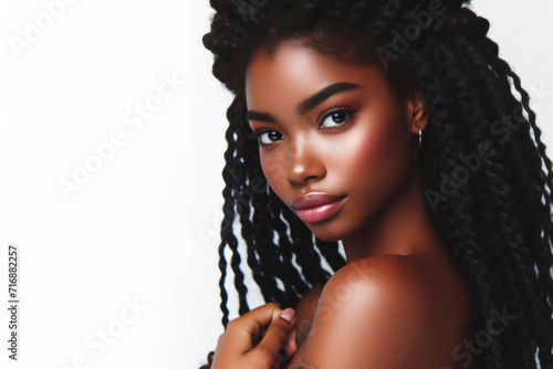 portrait of beautiful black african american woman with curly long braids and bun. ai generative
