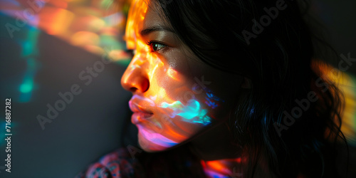 Profile of a contemplative woman with colorful light patterns dancing on her skin, creating a vibrant look