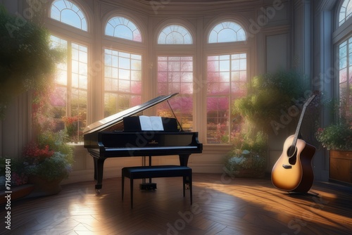Piano e violão em uma sala com grandes janelas ao por do sol., ilustração gerada com IA