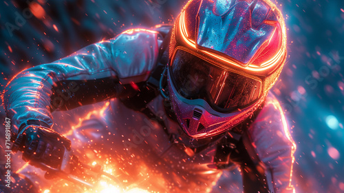 close up of a rider driving a motorcycle under the rain, riding in high speed, wearing a helmet, illuminated with neon lights. 