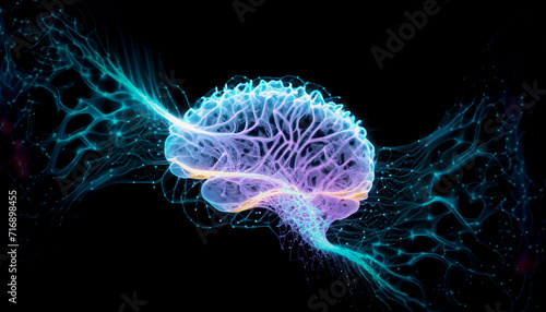 Abstract human brain neural network by colorful light particles flowing isolated on black background in concept A.I. artificial intelligence, science, technology, machine learning, neuroscience.