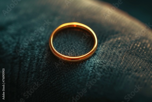Detailed image of a golden wedding ring on velvet