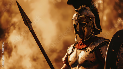 Roman Spartan Soldier in Full Armor Wielding a Spear