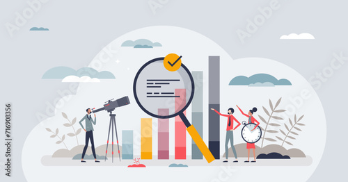 Competitor benchmarking tools for company evaluation tiny person concept. Quality, performance and market share analysis with other businesses vector illustration. Compare process and finance reports
