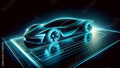 Sports car futuristic blue neon wire frame on digital grid, evoking high speed and advanced technology. Futuristic technology concept. AI generated.