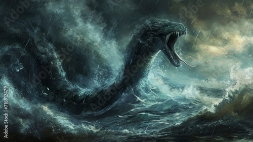 great biblical sea monster leviathan rising from the sea with big waves