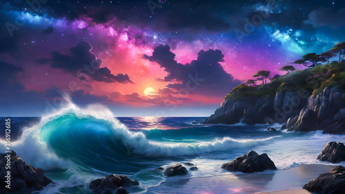 Painting of a Wave Crashing Into the Shore, Majestic Power and Tranquil Beauty Captured in Art
