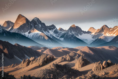 A rugged mountain range with rocky peaks and deep valleys