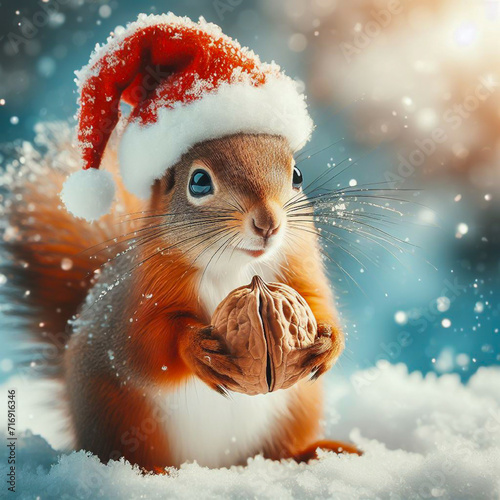Squirrel wearing santa clause hat
