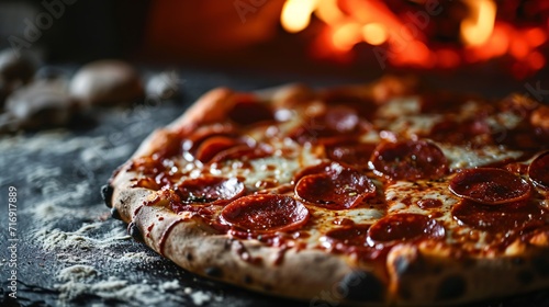 Charcoal-roasted pepperoni pizza on a dark backdrop with professional lighting, representing food delivery and AI technology.
