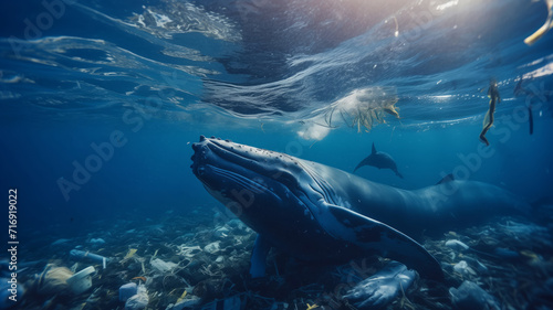 Concept plastic pollution water and human waste. Blue whale floating among garbage in ocean.