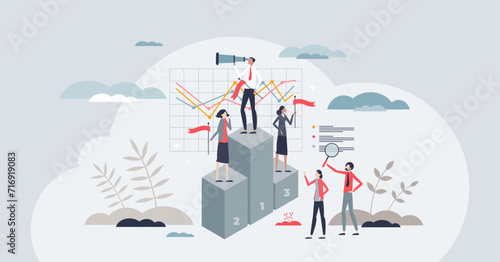Competitor benchmarking tools to evaluate company tiny person concept. Product, service or performance comparison with other businesses in market vector illustration. Compare and evaluate process.