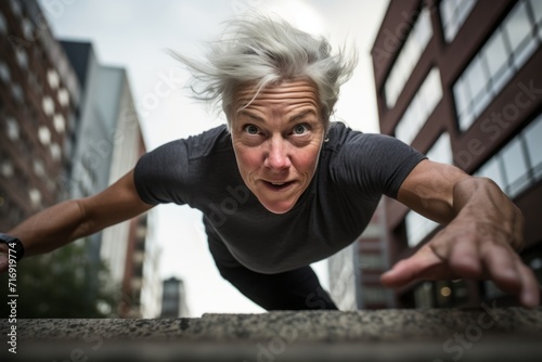 Portrait of a determined mature woman doing parkour in the city. With generative AI technology