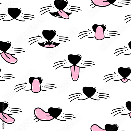 Seamless pattern of dog face with tongue and nose