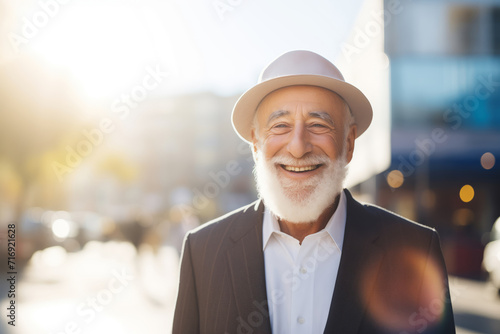 Portrait happy jewish elder man smiling on outdoors summer in Israel, sun light.