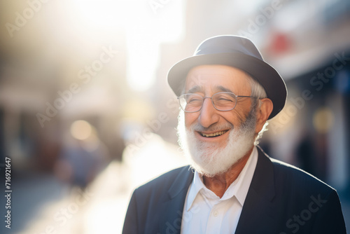 Portrait happy jewish elder man smiling on outdoors summer in Israel, sun light.