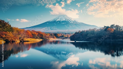 beautiful landscape of Mount Fuji with pink trees and a large clear lake