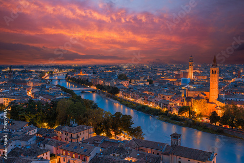 Top view of Verona, Italy during summer sunset.