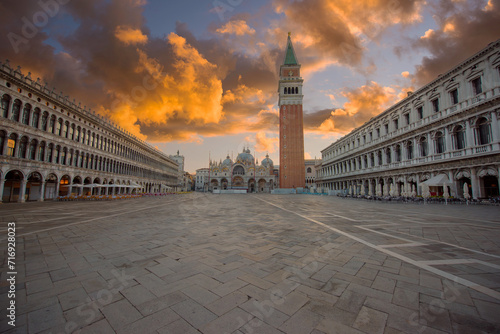 Venice, Italy. St. Mark's Square(Piazza din San Marco) with the Basilica and Bell Tower at sunrise.